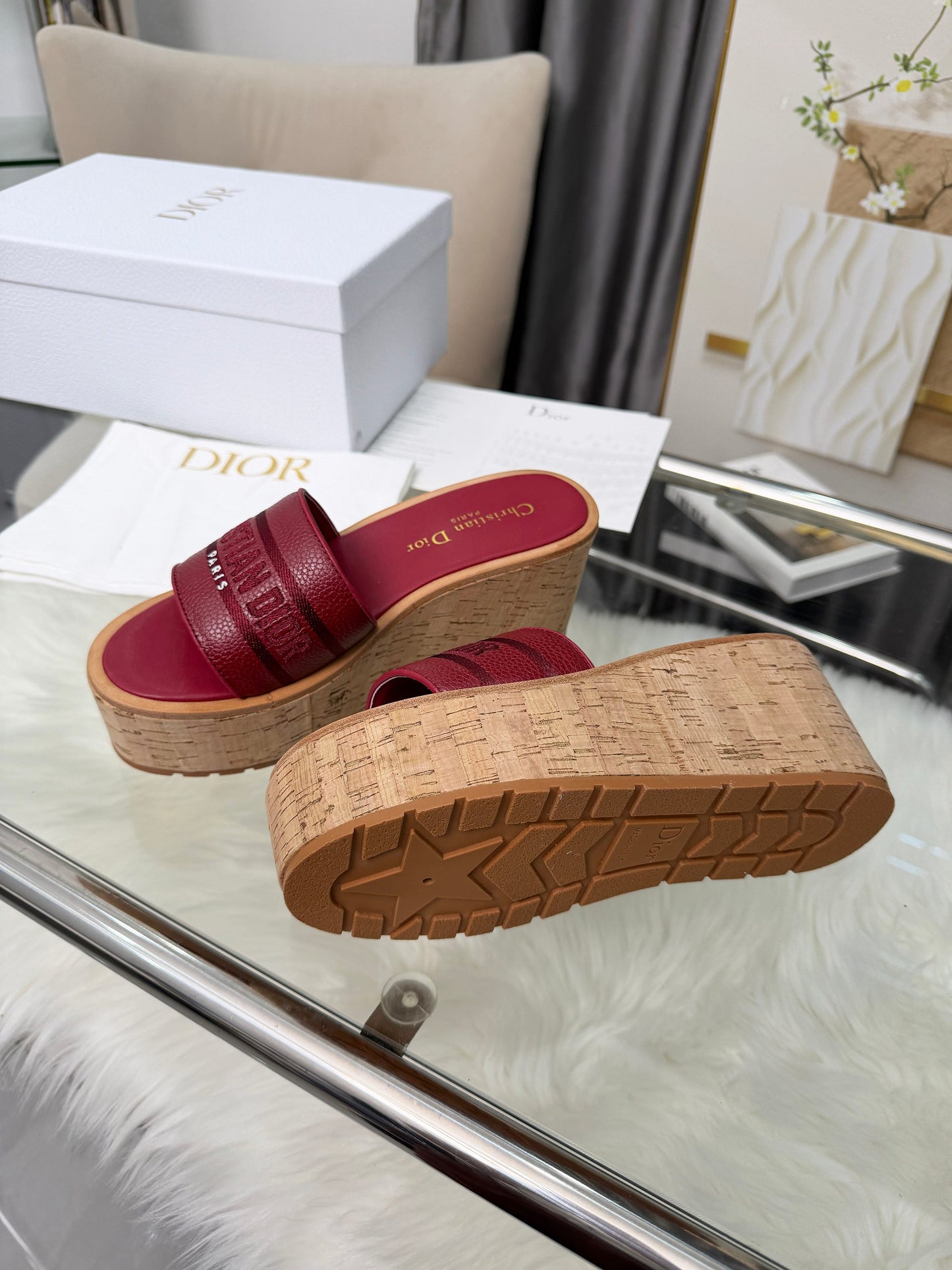Dior Dway Platform Slide – Burgundy Grained Calfskin with 8-cm Sculptural Cork Wedge