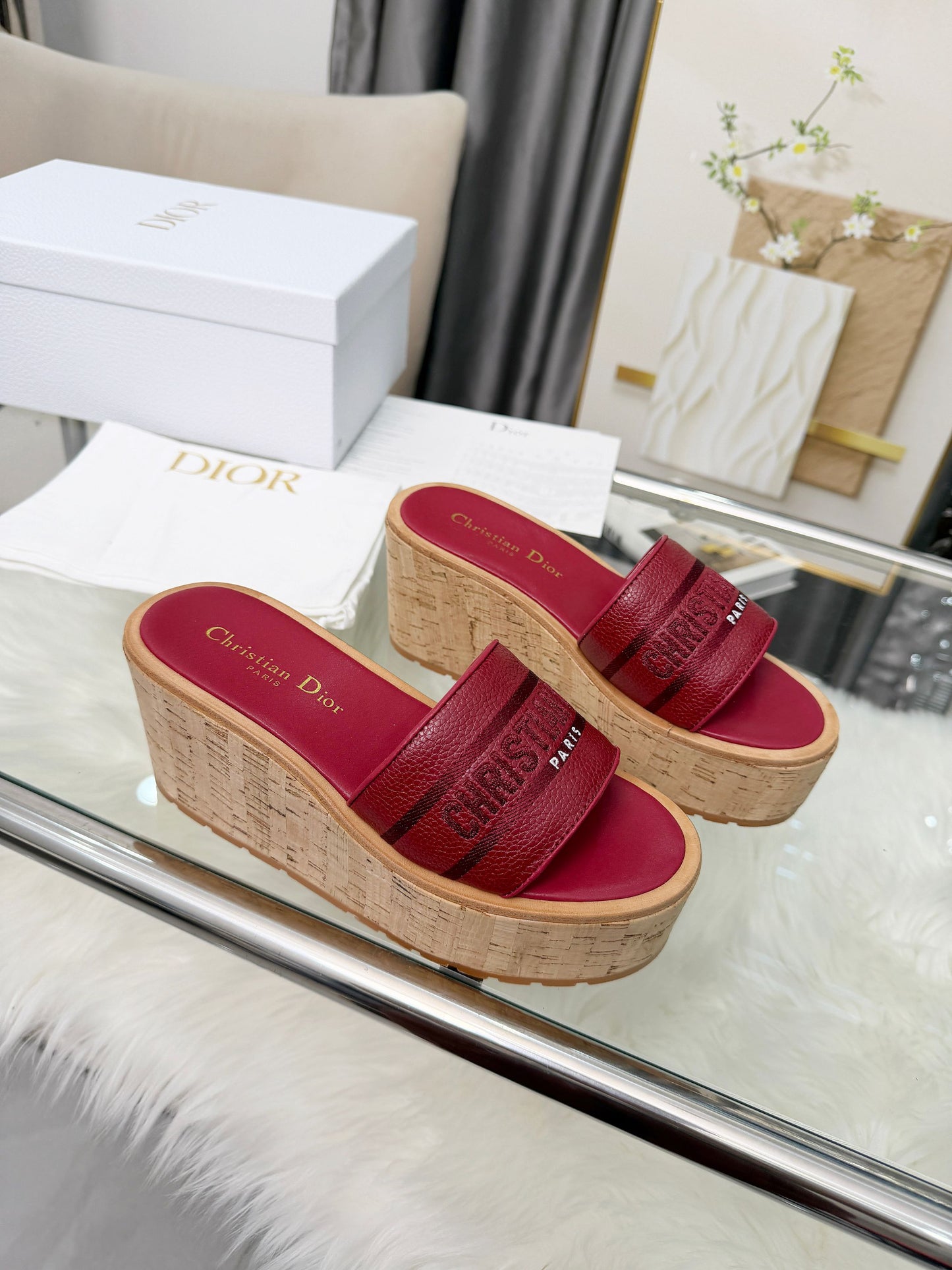 Dior Dway Platform Slide – Burgundy Grained Calfskin with 8-cm Sculptural Cork Wedge