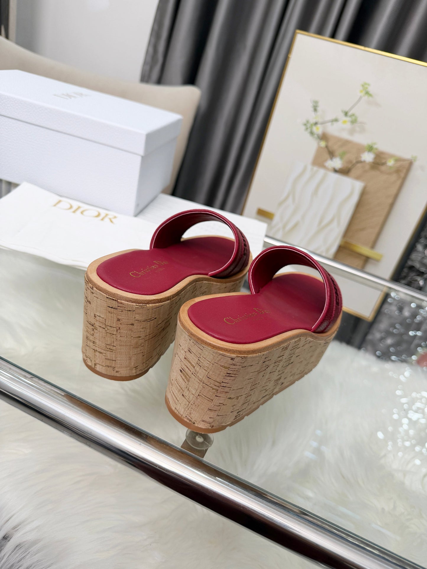 Dior Dway Platform Slide – Burgundy Grained Calfskin with 8-cm Sculptural Cork Wedge