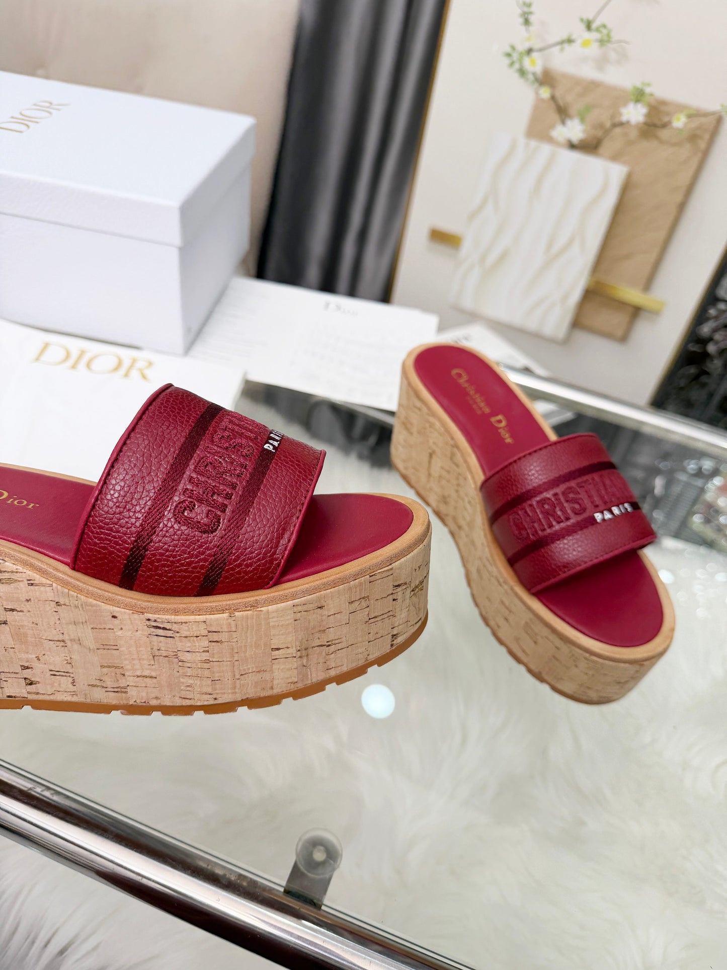 Dior Dway Platform Slide – Burgundy Grained Calfskin with 8-cm Sculptural Cork Wedge