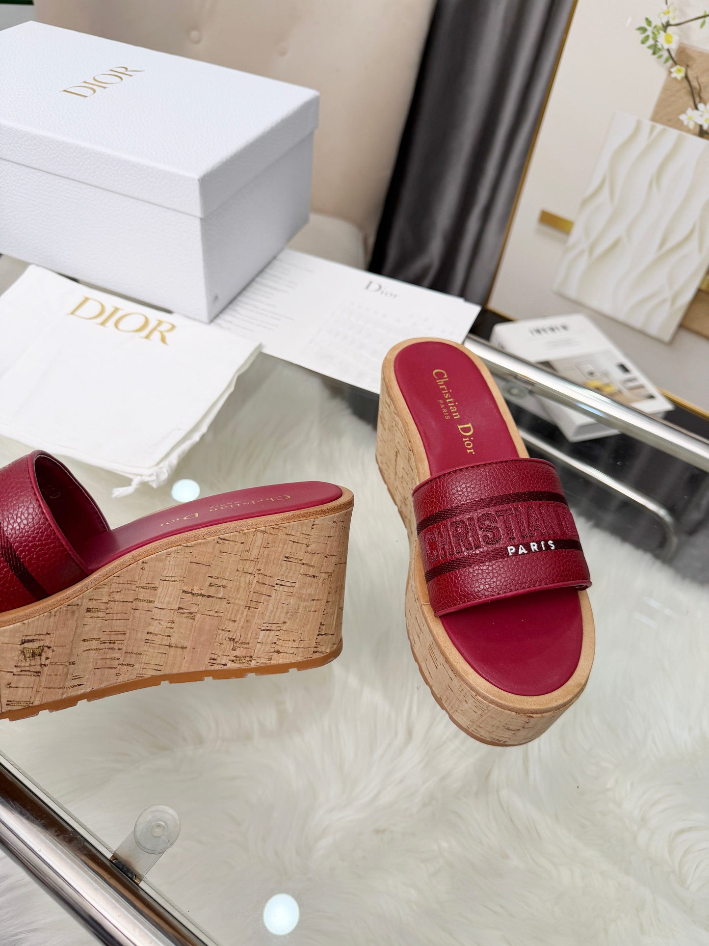 Dior Dway Platform Slide – Burgundy Grained Calfskin with 8-cm Sculptural Cork Wedge