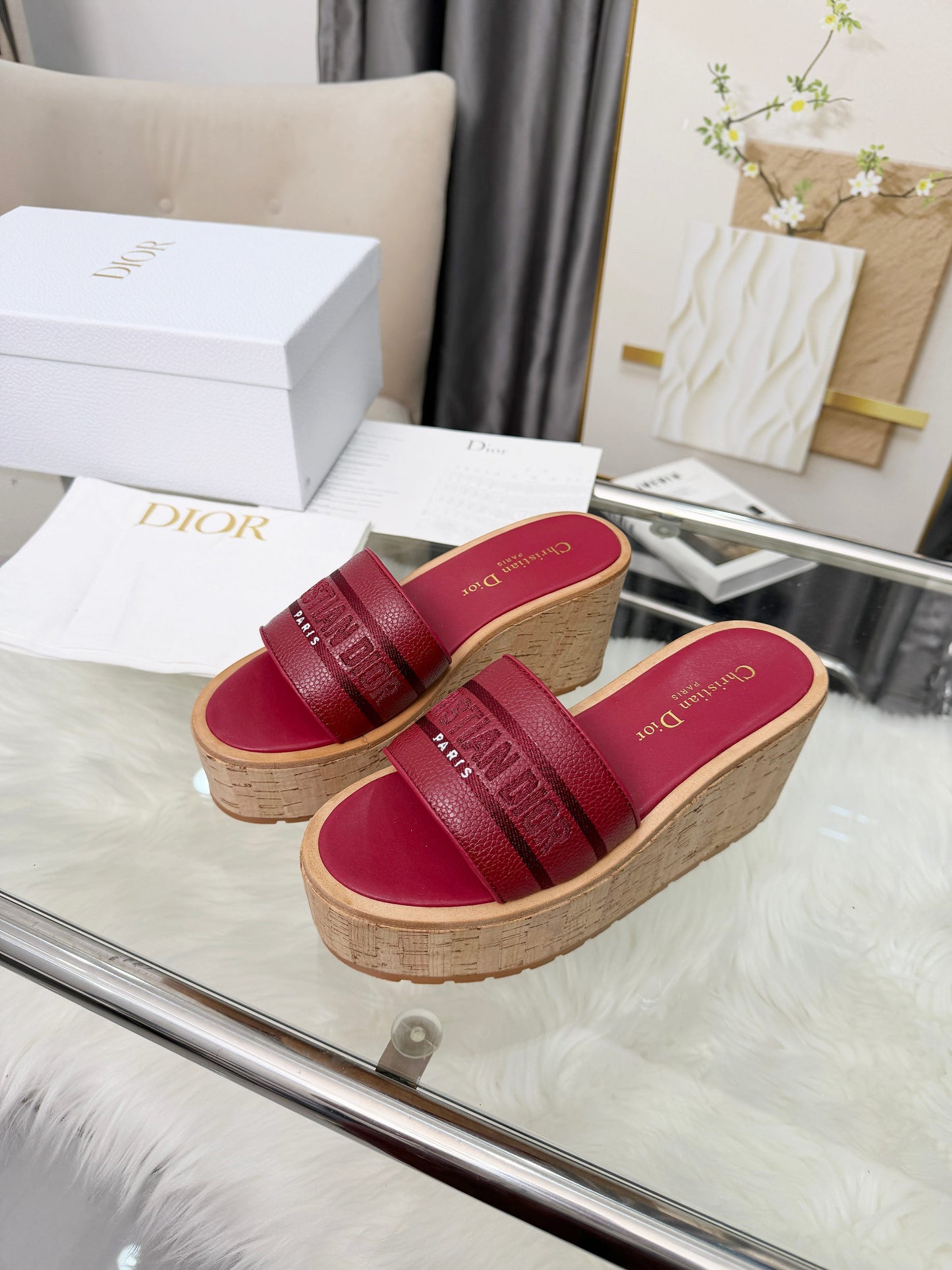 Dior Dway Platform Slide – Burgundy Grained Calfskin with 8-cm Sculptural Cork Wedge