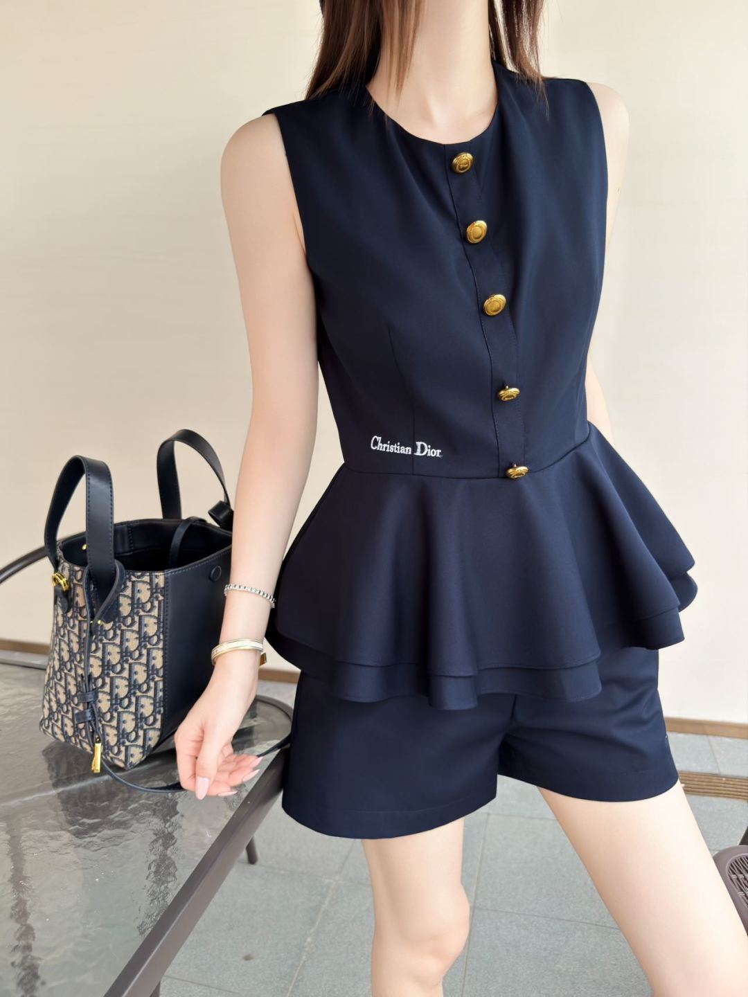 CD Embroidery Two-Piece Set – Navy Blue Wool-Silk Peplum Top & Tailored Shorts Co-Ord