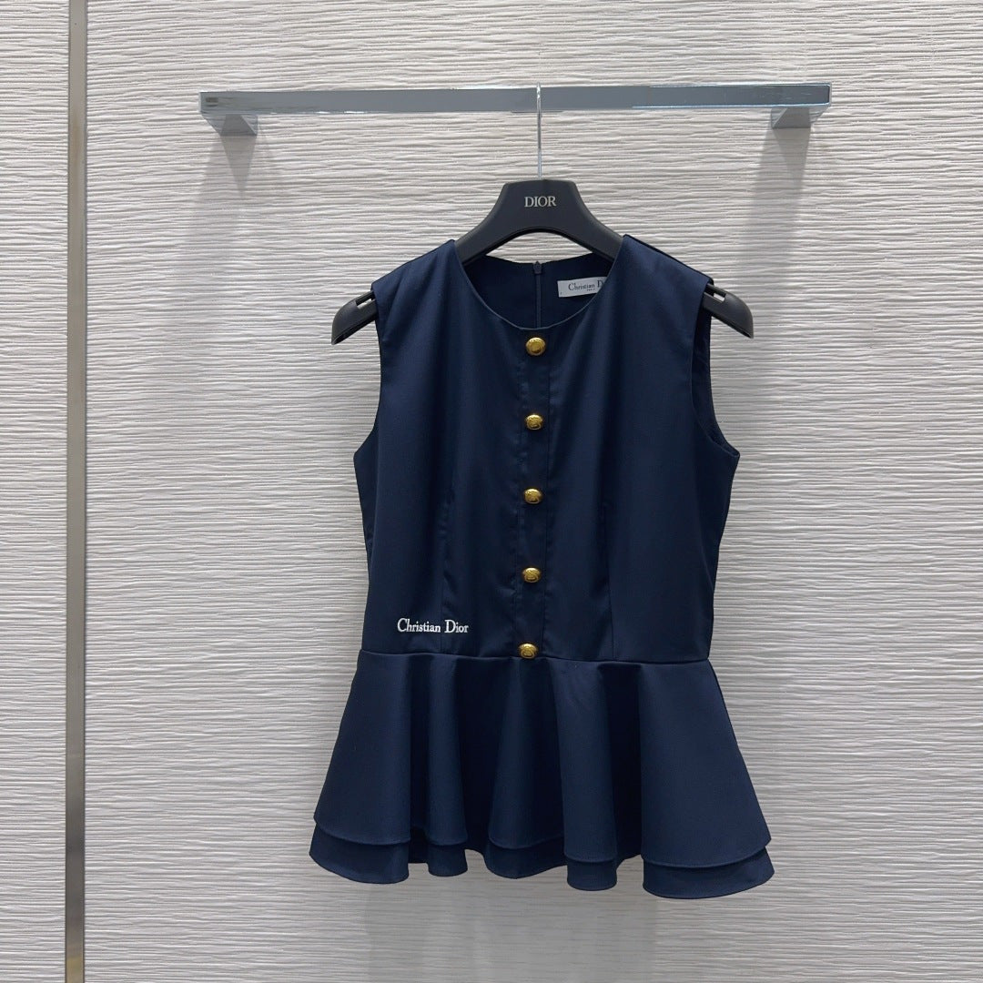 CD Embroidery Two-Piece Set – Navy Blue Wool-Silk Peplum Top & Tailored Shorts Co-Ord