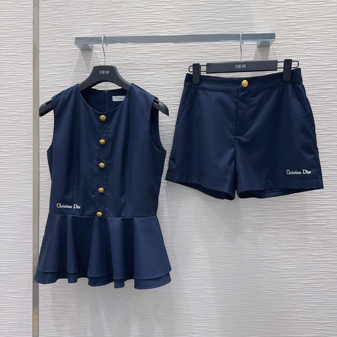 CD Embroidery Two-Piece Set – Navy Blue Wool-Silk Peplum Top & Tailored Shorts Co-Ord