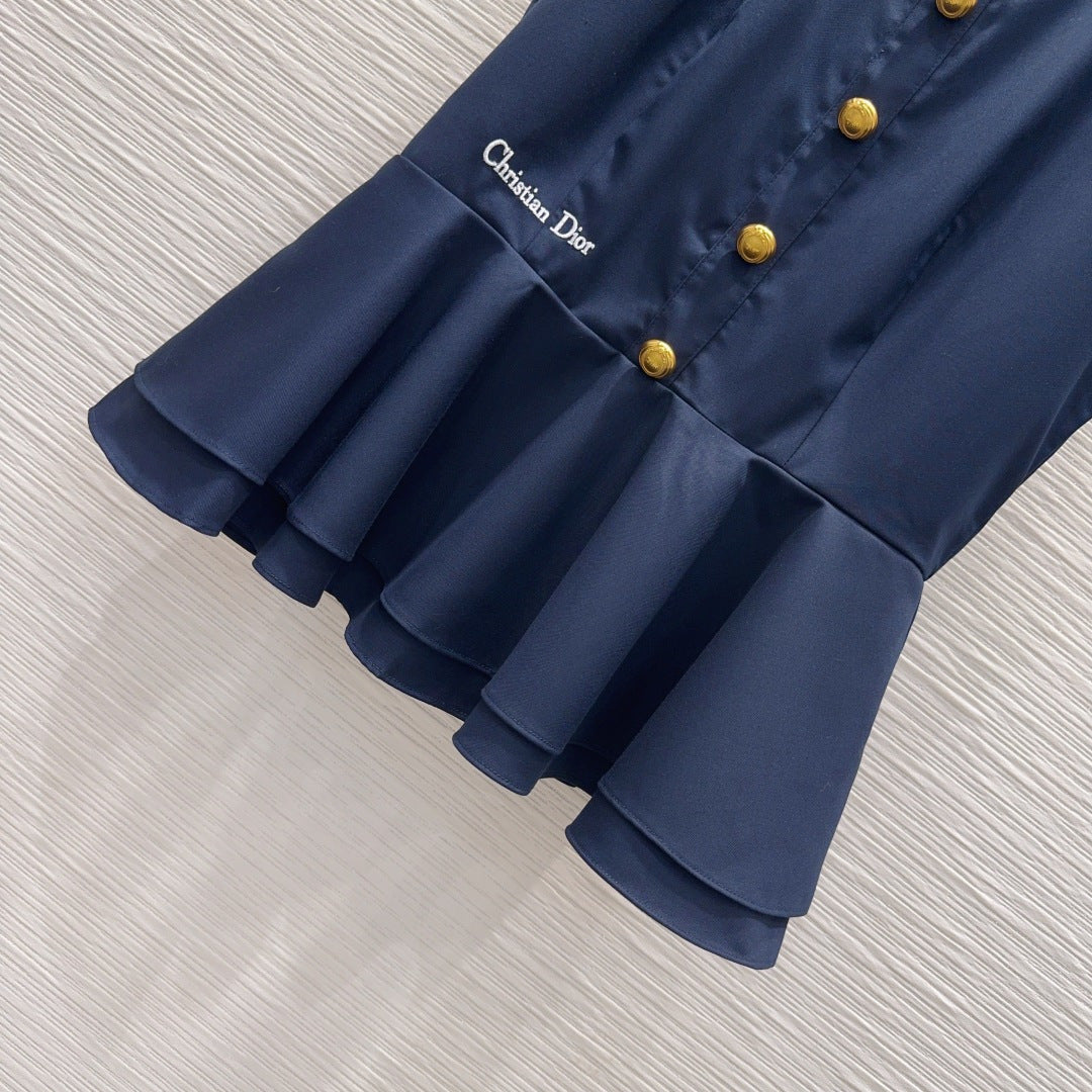 CD Embroidery Two-Piece Set – Navy Blue Wool-Silk Peplum Top & Tailored Shorts Co-Ord