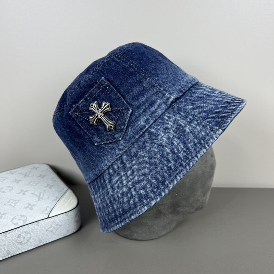 Chrome Hearts Denim Cross Patch Bucket Hat – Sterling Silver Hardware