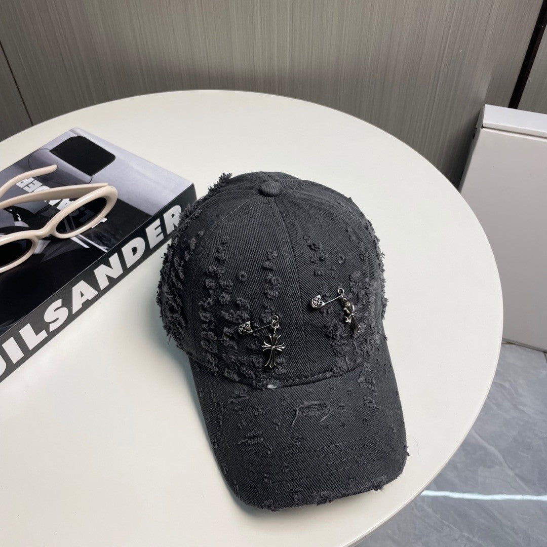 Distressed Safety Pin Baseball Cap – Washed Obsidian Black Cotton Twill