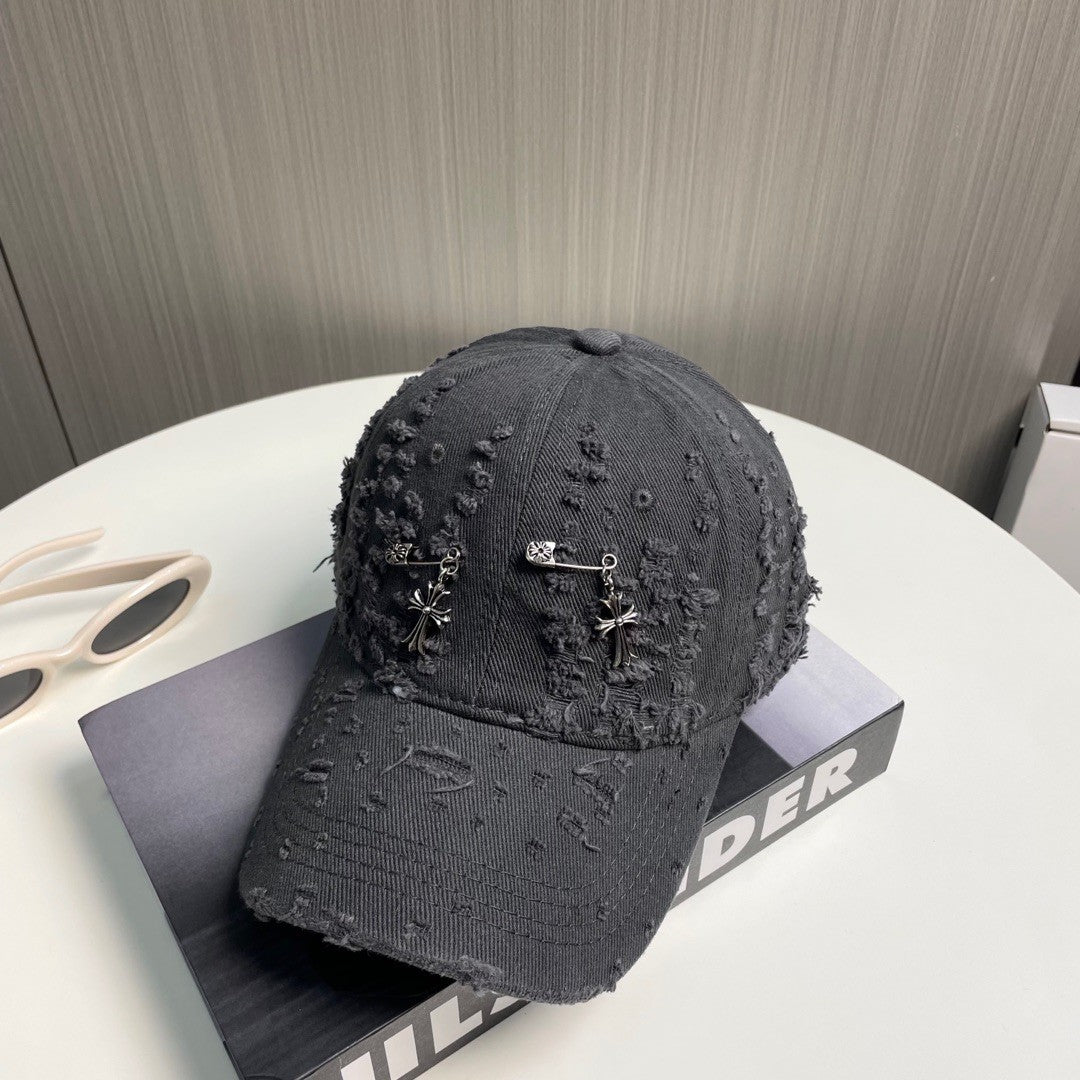 Distressed Safety Pin Baseball Cap – Washed Obsidian Black Cotton Twill