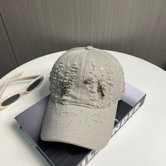 Distressed Safety Pin Baseball Cap – Washed Alabaster Beige Cotton Twill
