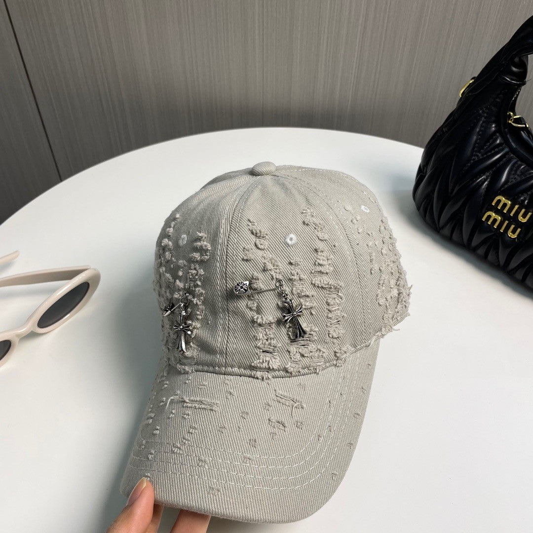 Distressed Safety Pin Baseball Cap – Washed Alabaster Beige Cotton Twill