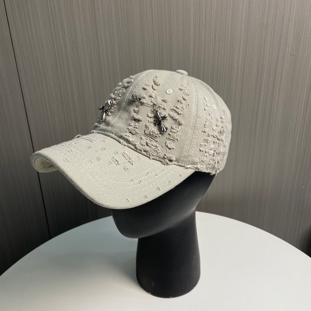 Distressed Safety Pin Baseball Cap – Washed Alabaster Beige Cotton Twill