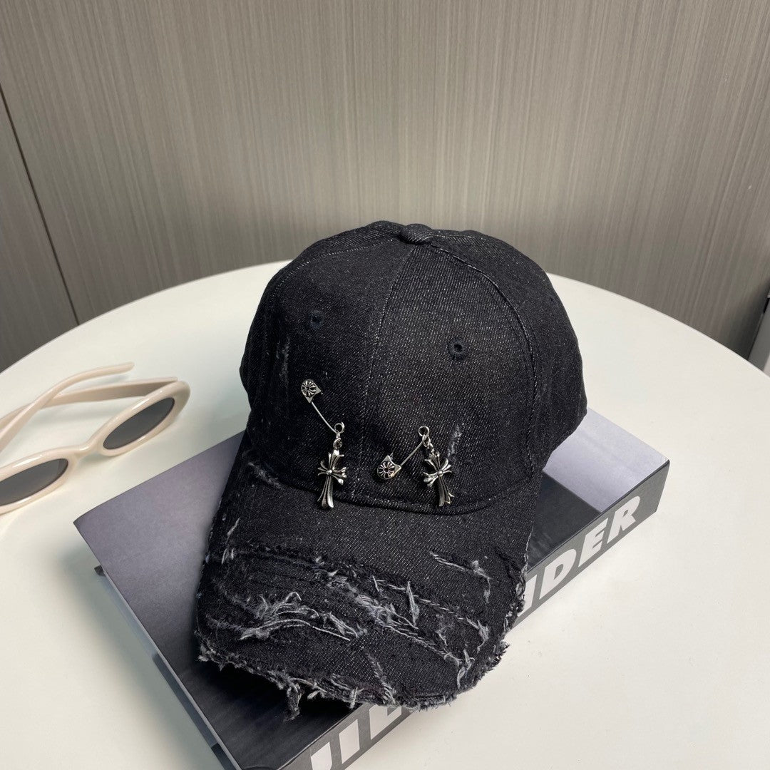 Distressed Safety Pin Baseball Cap – Washed Obsidian Black Cotton Twill