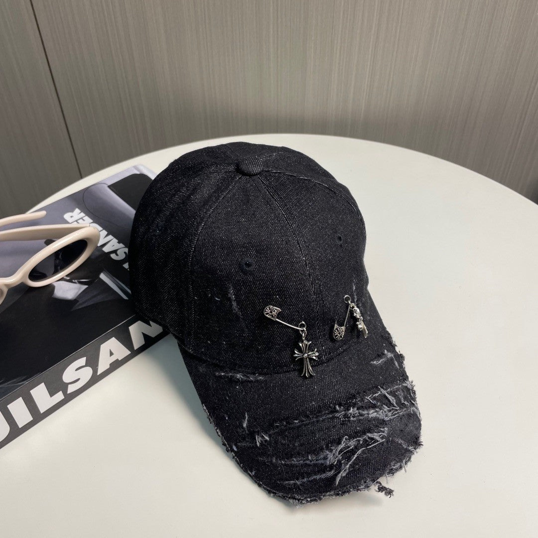 Distressed Safety Pin Baseball Cap – Washed Obsidian Black Cotton Twill