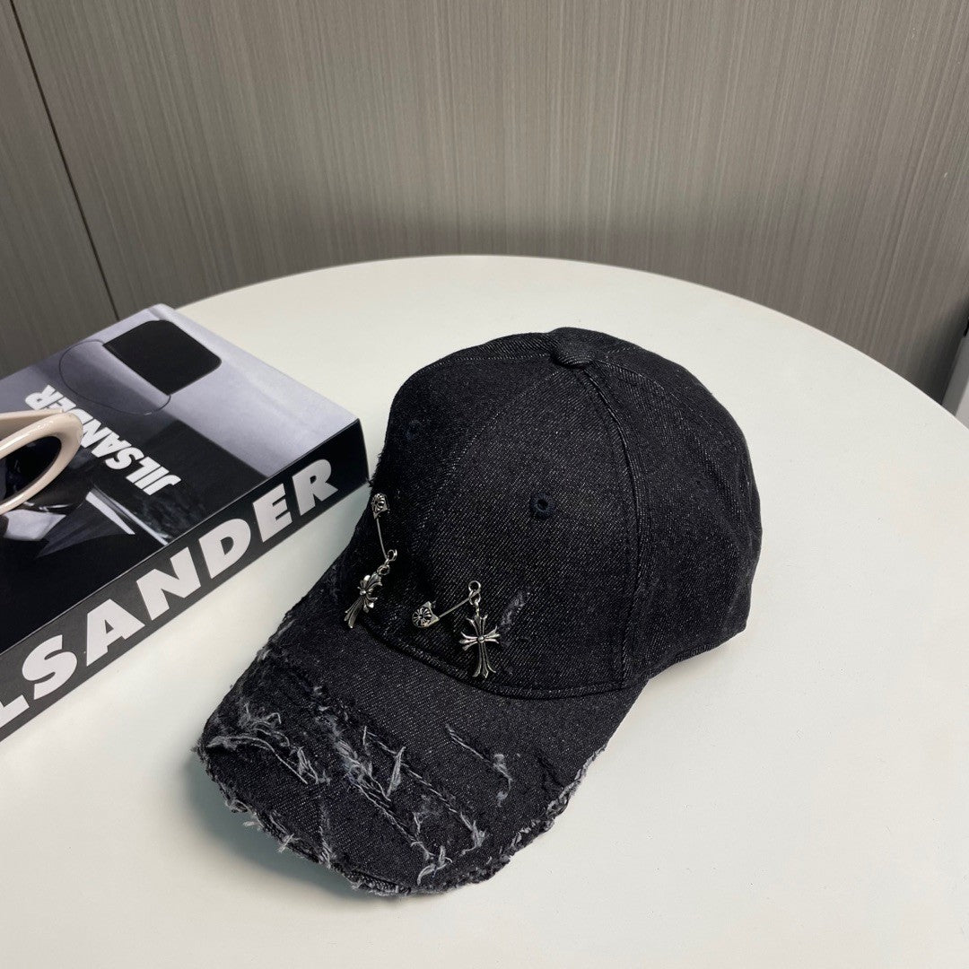 Distressed Safety Pin Baseball Cap – Washed Obsidian Black Cotton Twill