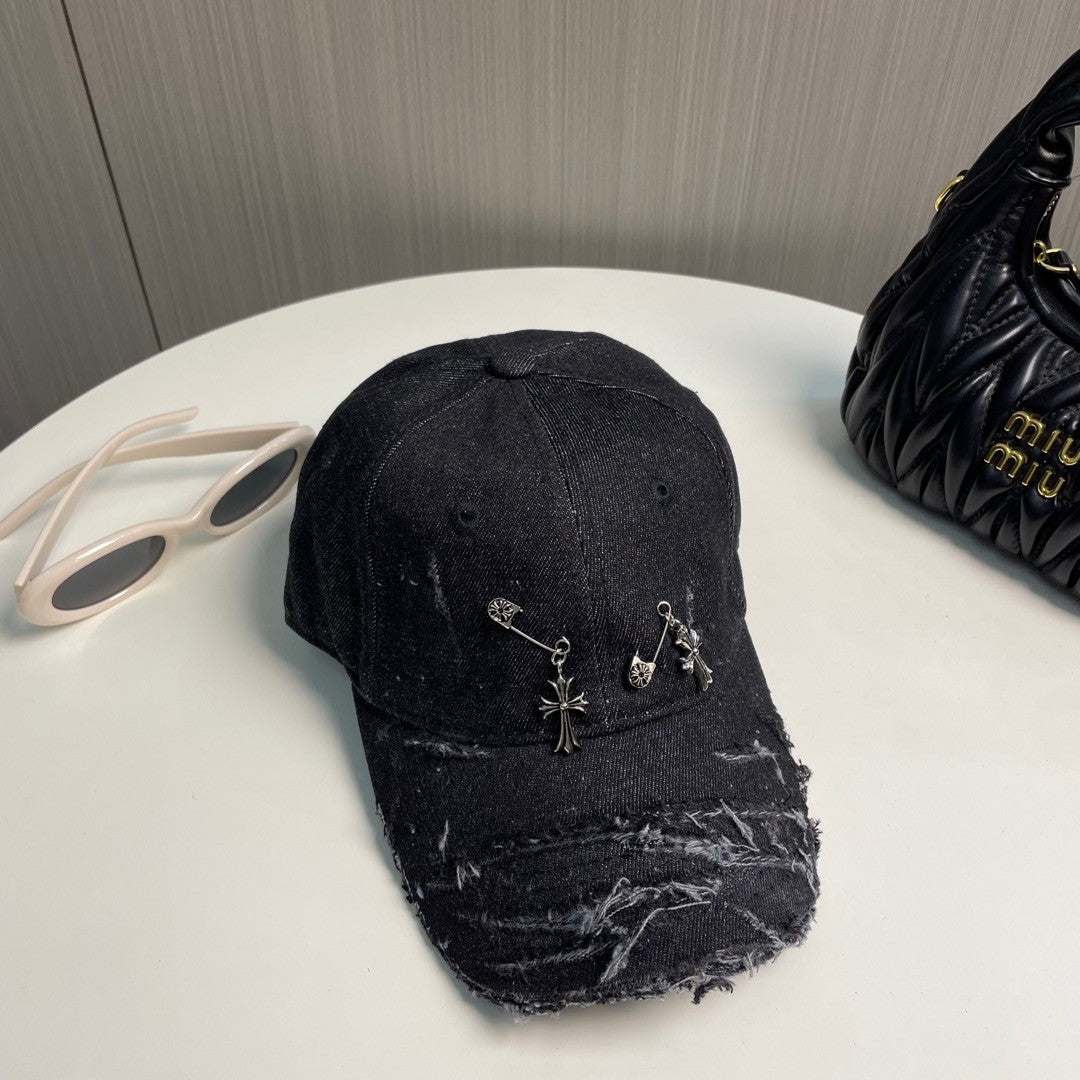Distressed Safety Pin Baseball Cap – Washed Obsidian Black Cotton Twill