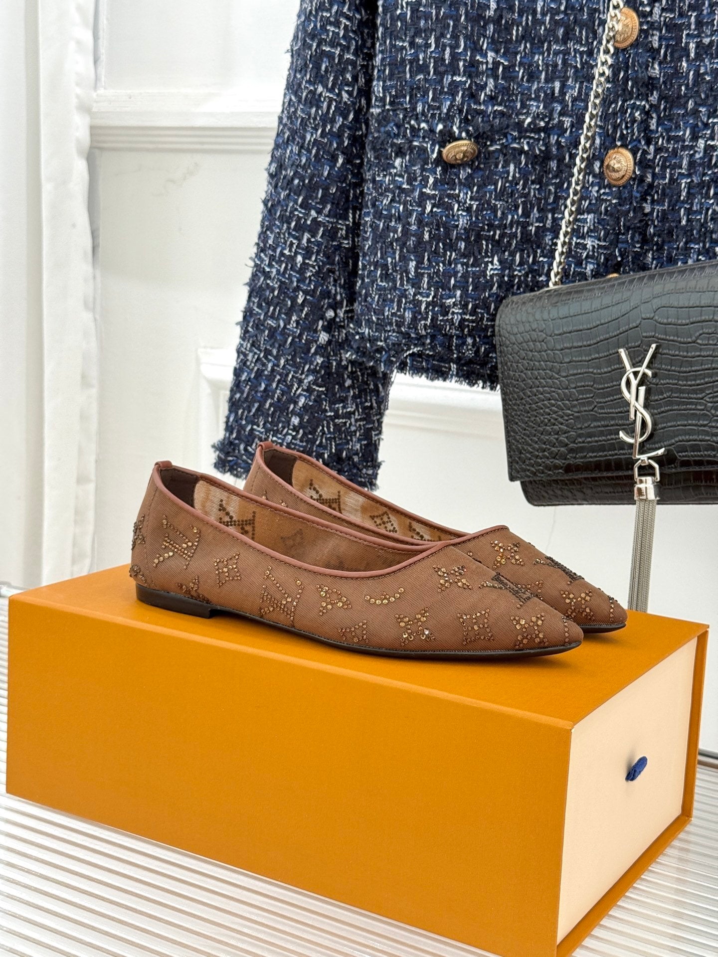 LV Gala Flat Ballerina – Rhinestone Monogram Mesh Pump in Marron