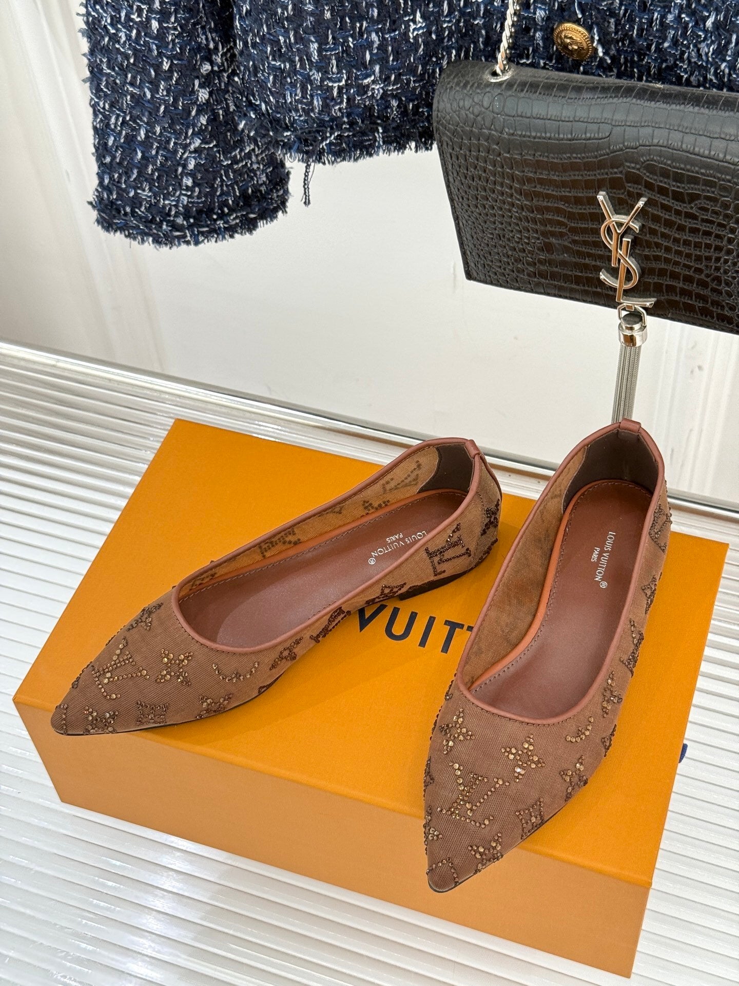 LV Gala Flat Ballerina – Rhinestone Monogram Mesh Pump in Marron