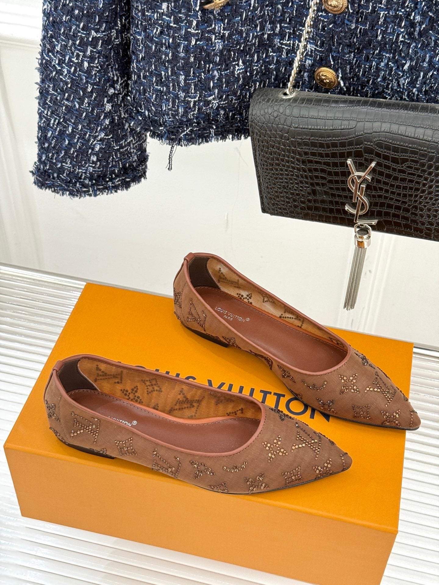 LV Gala Flat Ballerina – Rhinestone Monogram Mesh Pump in Marron