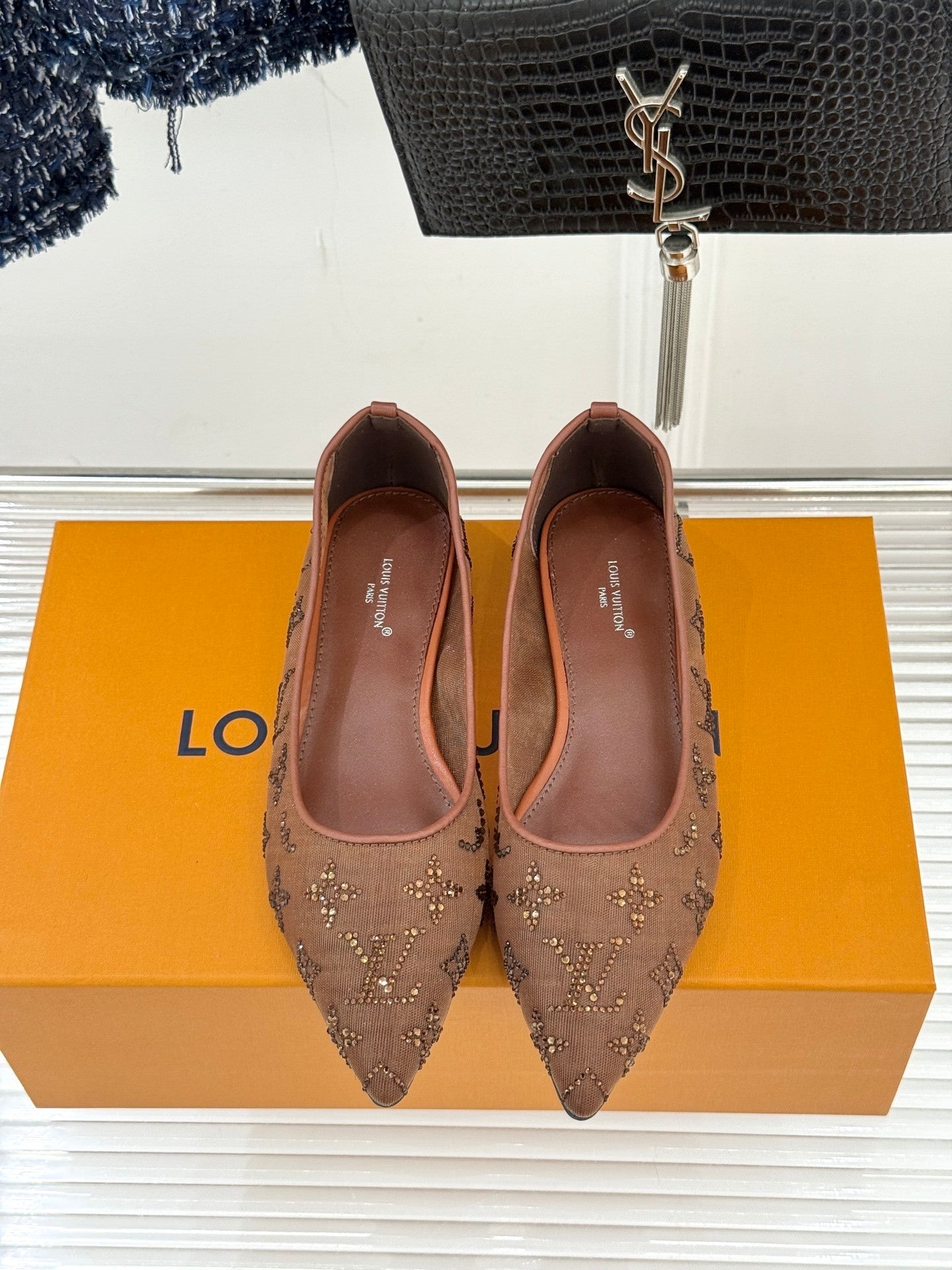 LV Gala Flat Ballerina – Rhinestone Monogram Mesh Pump in Marron