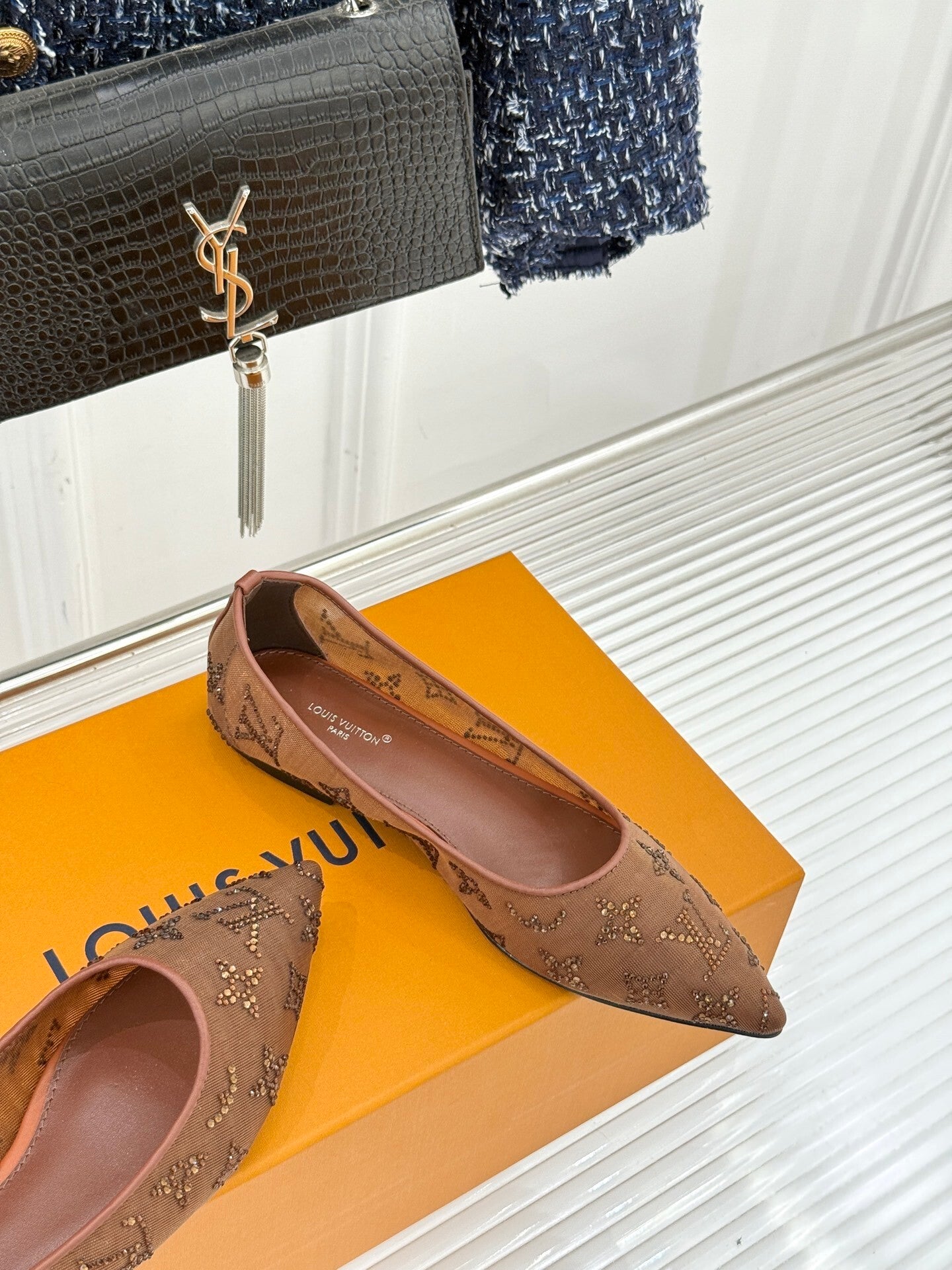 LV Gala Flat Ballerina – Rhinestone Monogram Mesh Pump in Marron