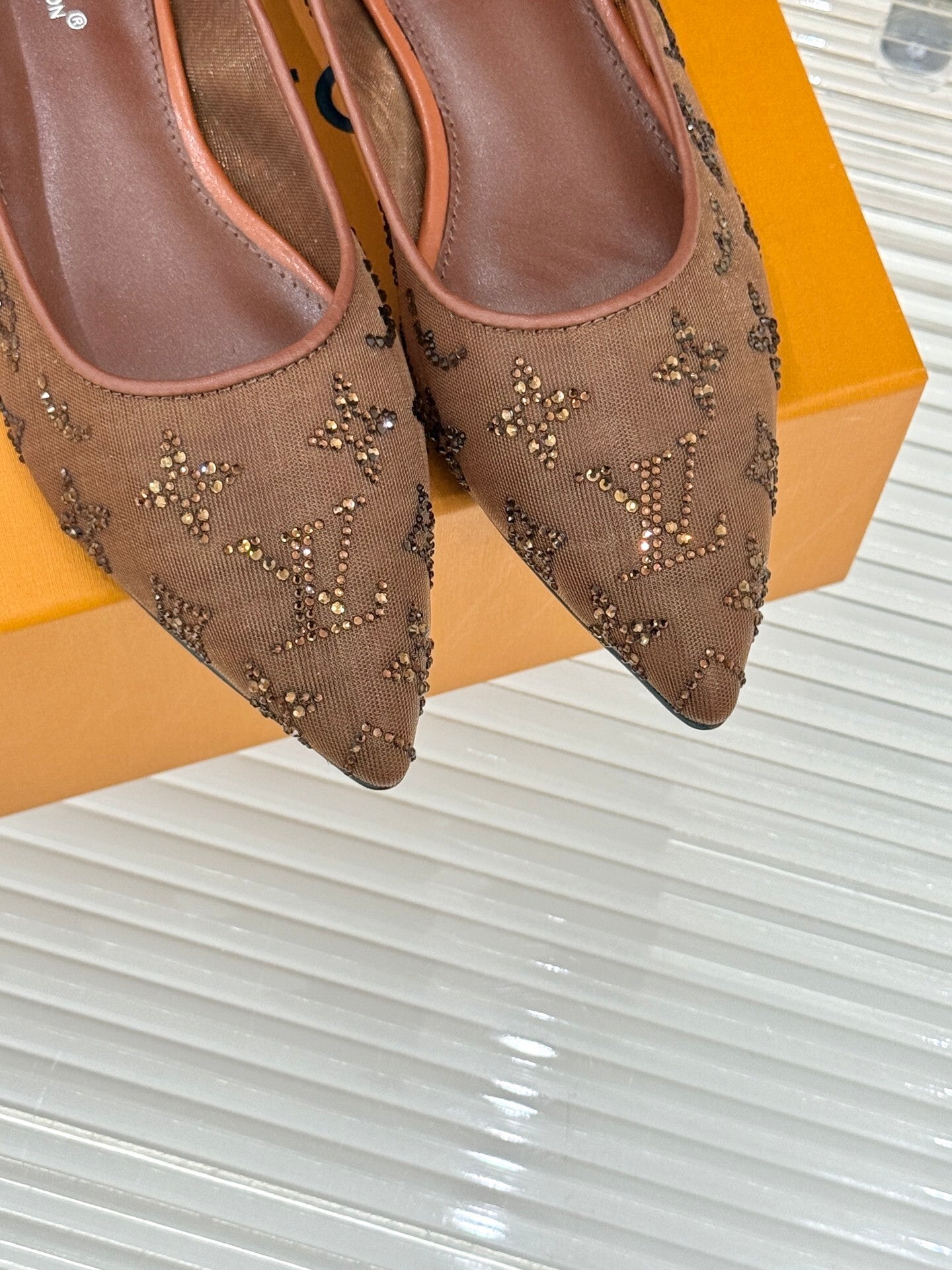 LV Gala Flat Ballerina – Rhinestone Monogram Mesh Pump in Marron