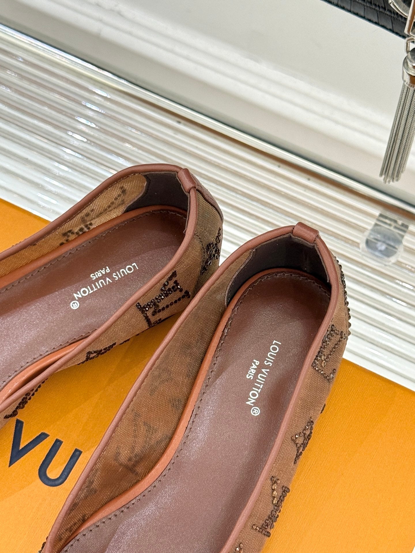 LV Gala Flat Ballerina – Rhinestone Monogram Mesh Pump in Marron