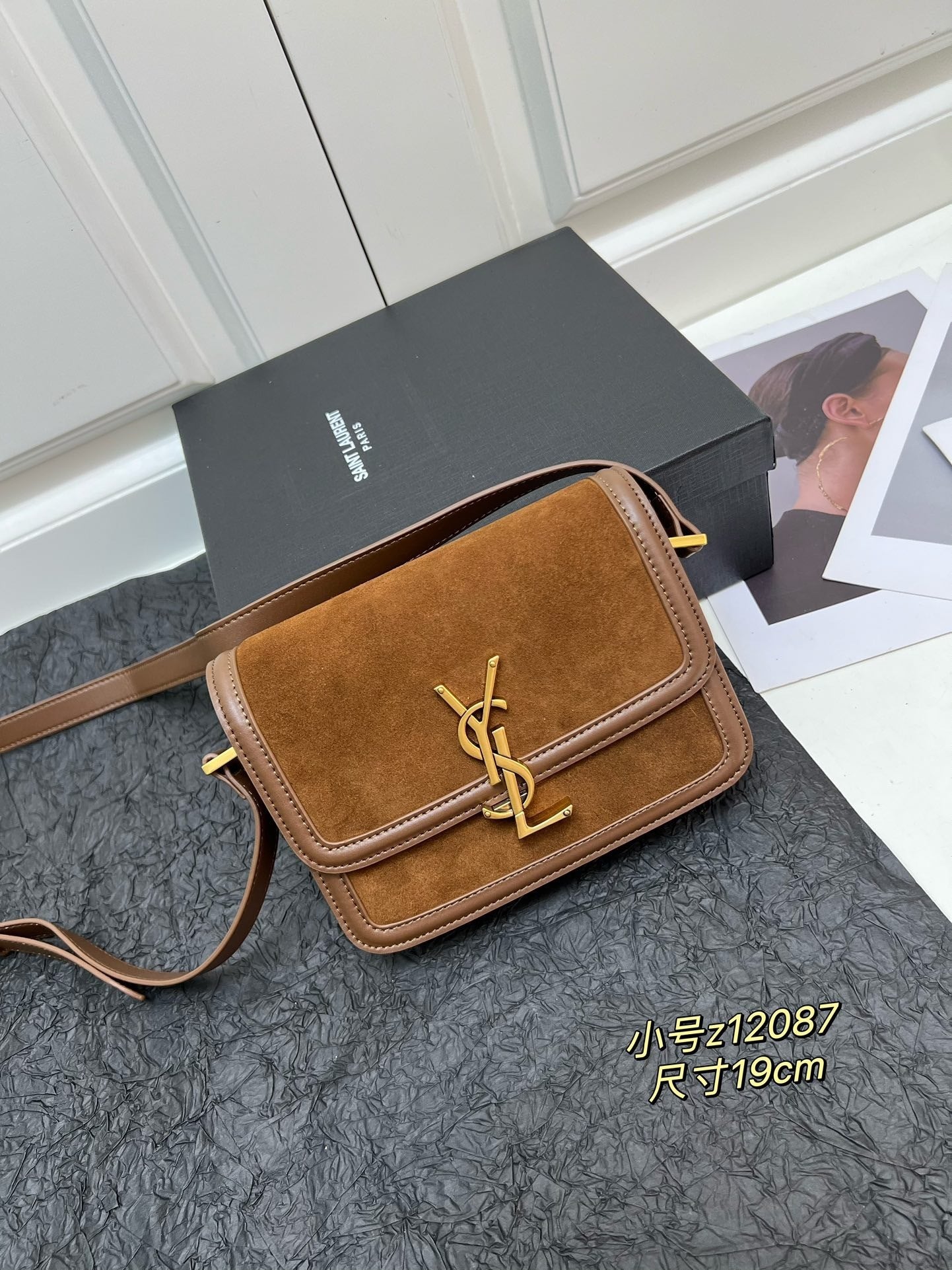 YSL Small Solferino Satchel – Brown Suede with Gold Pivoting Cassandre