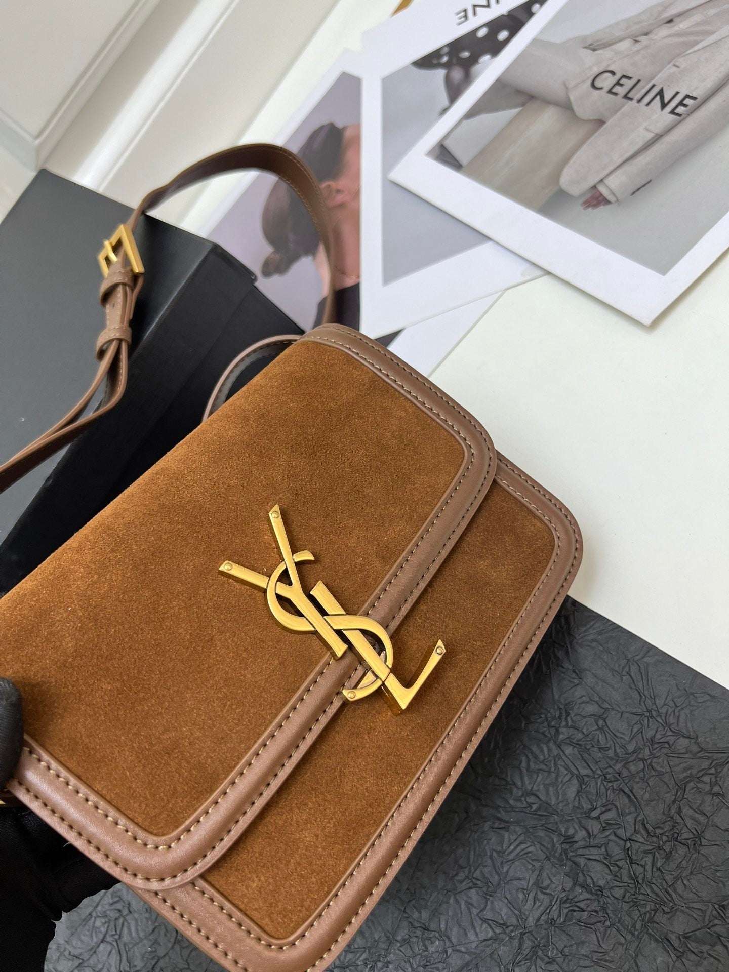 YSL Small Solferino Satchel – Brown Suede with Gold Pivoting Cassandre