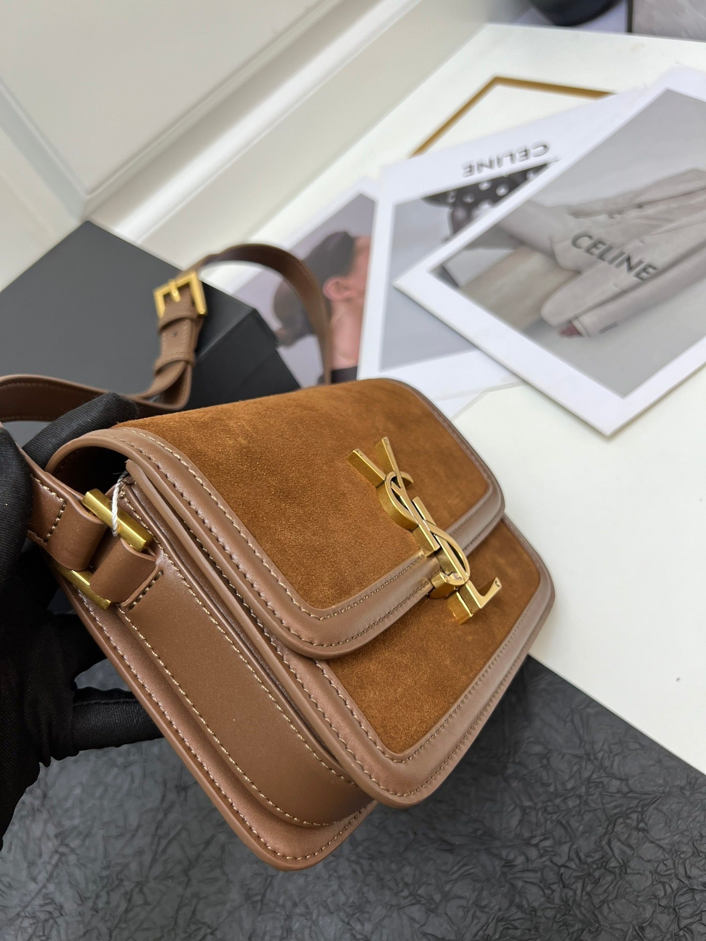 YSL Small Solferino Satchel – Brown Suede with Gold Pivoting Cassandre