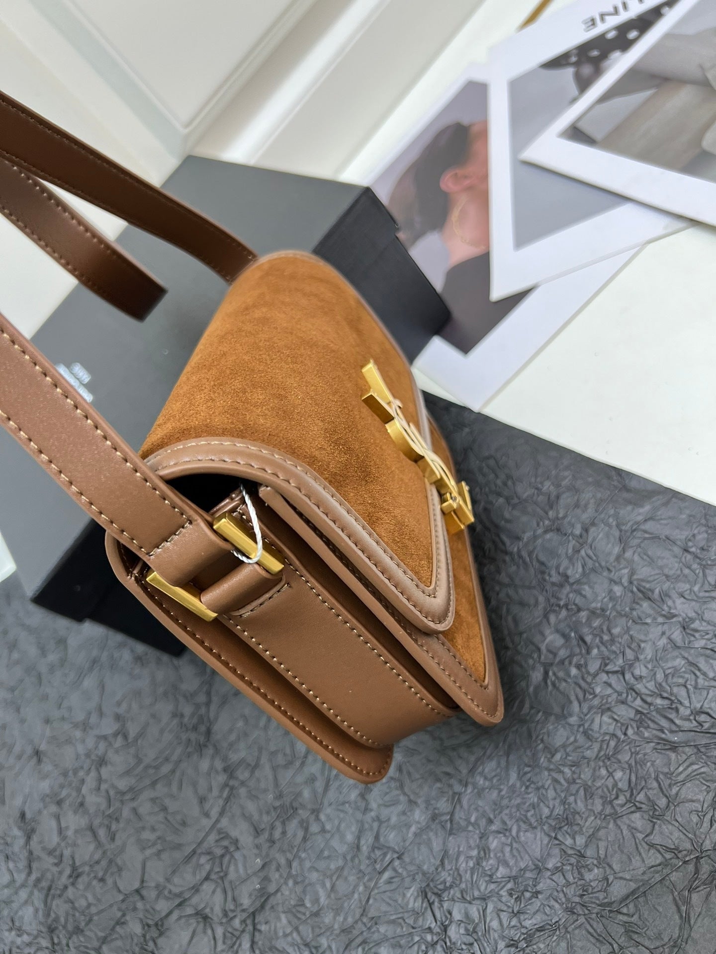 YSL Small Solferino Satchel – Brown Suede with Gold Pivoting Cassandre