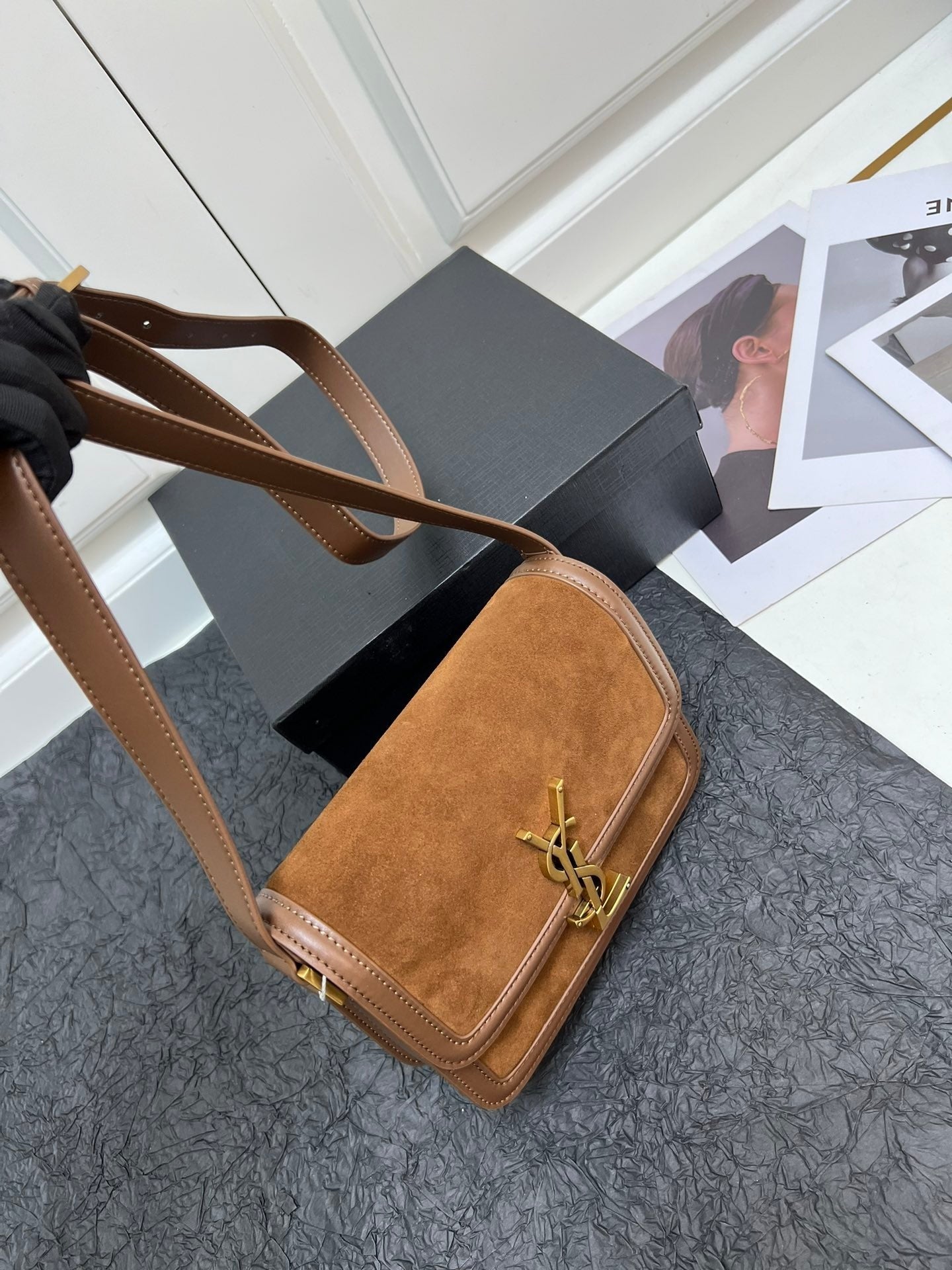 YSL Small Solferino Satchel – Brown Suede with Gold Pivoting Cassandre