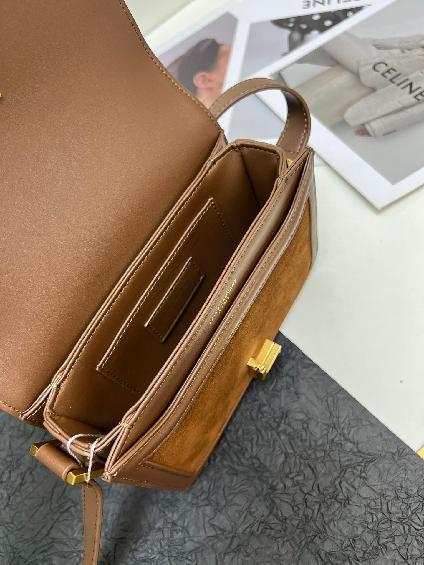 YSL Small Solferino Satchel – Brown Suede with Gold Pivoting Cassandre