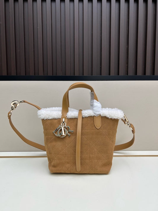 CD Toujours Vertical Nano Tote – Beige Suede and Merino Wool Macrocannage Bag