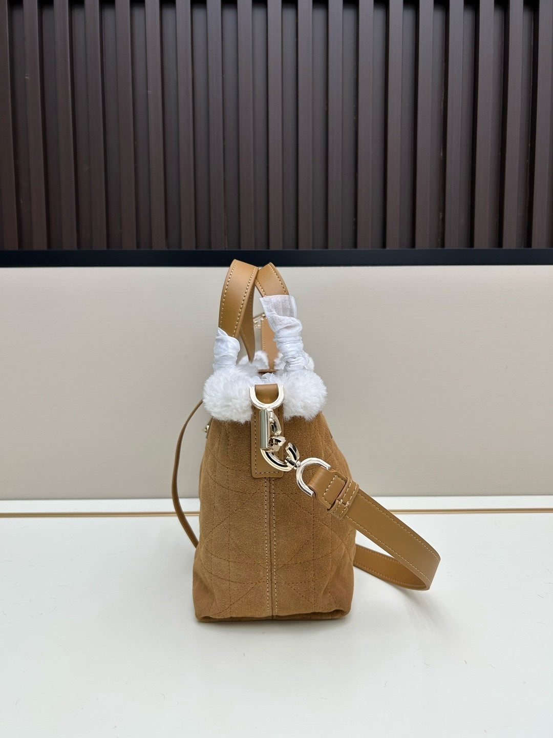 CD Toujours Vertical Nano Tote – Beige Suede and Merino Wool Macrocannage Bag