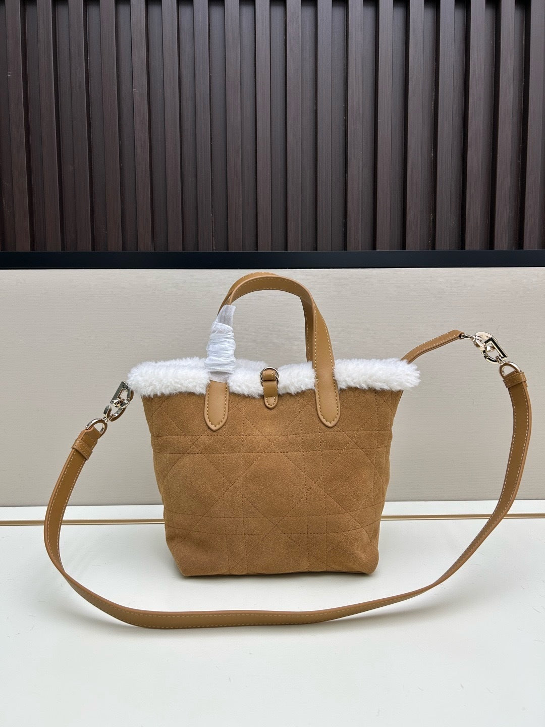 CD Toujours Vertical Nano Tote – Beige Suede and Merino Wool Macrocannage Bag
