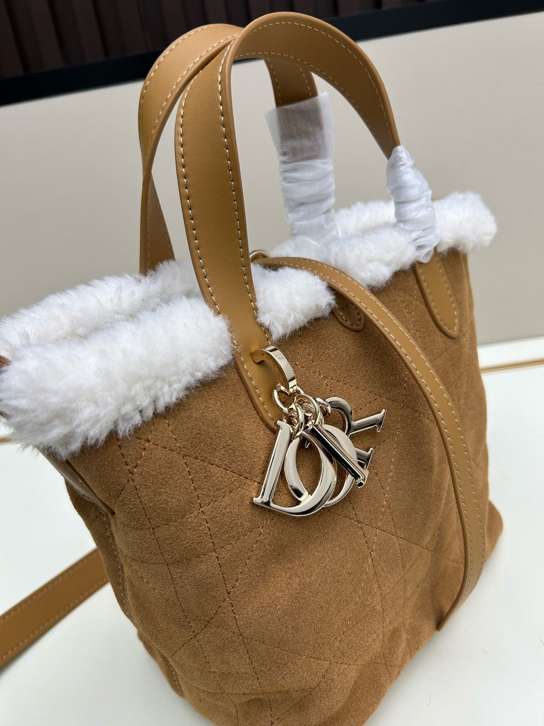 CD Toujours Vertical Nano Tote – Beige Suede and Merino Wool Macrocannage Bag