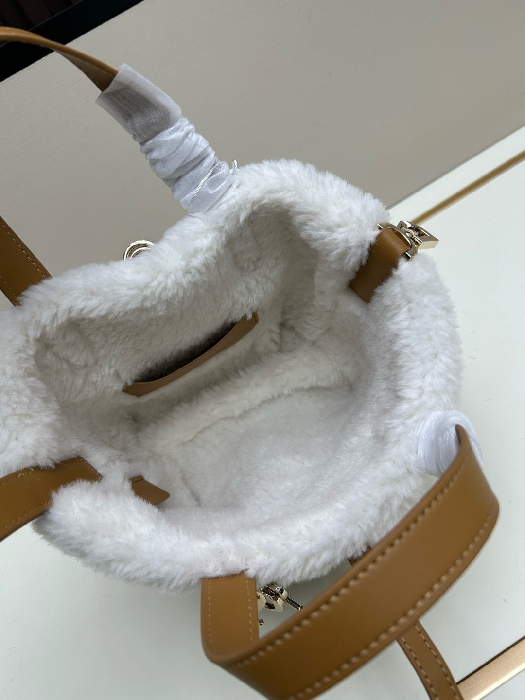 CD Toujours Vertical Nano Tote – Beige Suede and Merino Wool Macrocannage Bag