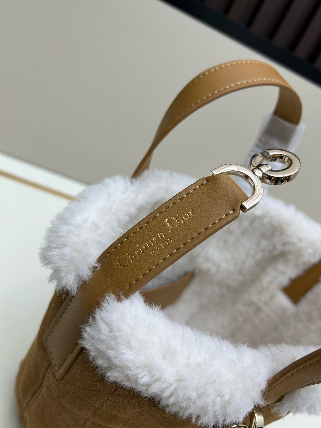 CD Toujours Vertical Nano Tote – Beige Suede and Merino Wool Macrocannage Bag