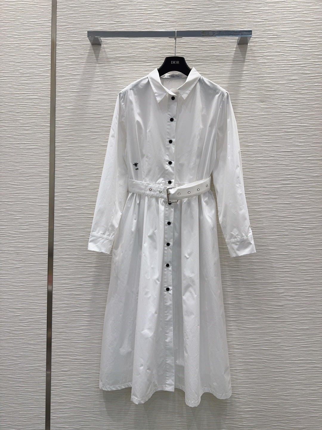CD Bee-Embroidered Shirt Dress – Optic White Cotton Poplin Midi Dress with Obsidian Buttons