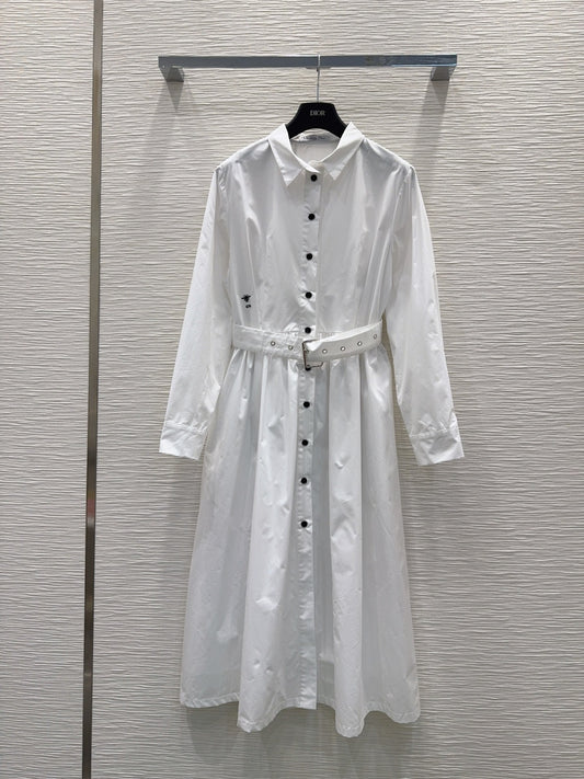 CD Bee-Embroidered Shirt Dress – Optic White Cotton Poplin Midi Dress with Obsidian Buttons