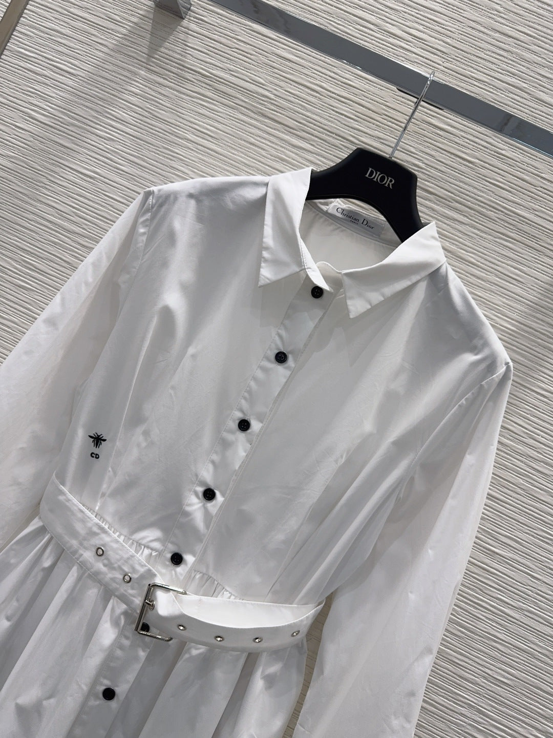 CD Bee-Embroidered Shirt Dress – Optic White Cotton Poplin Midi Dress with Obsidian Buttons