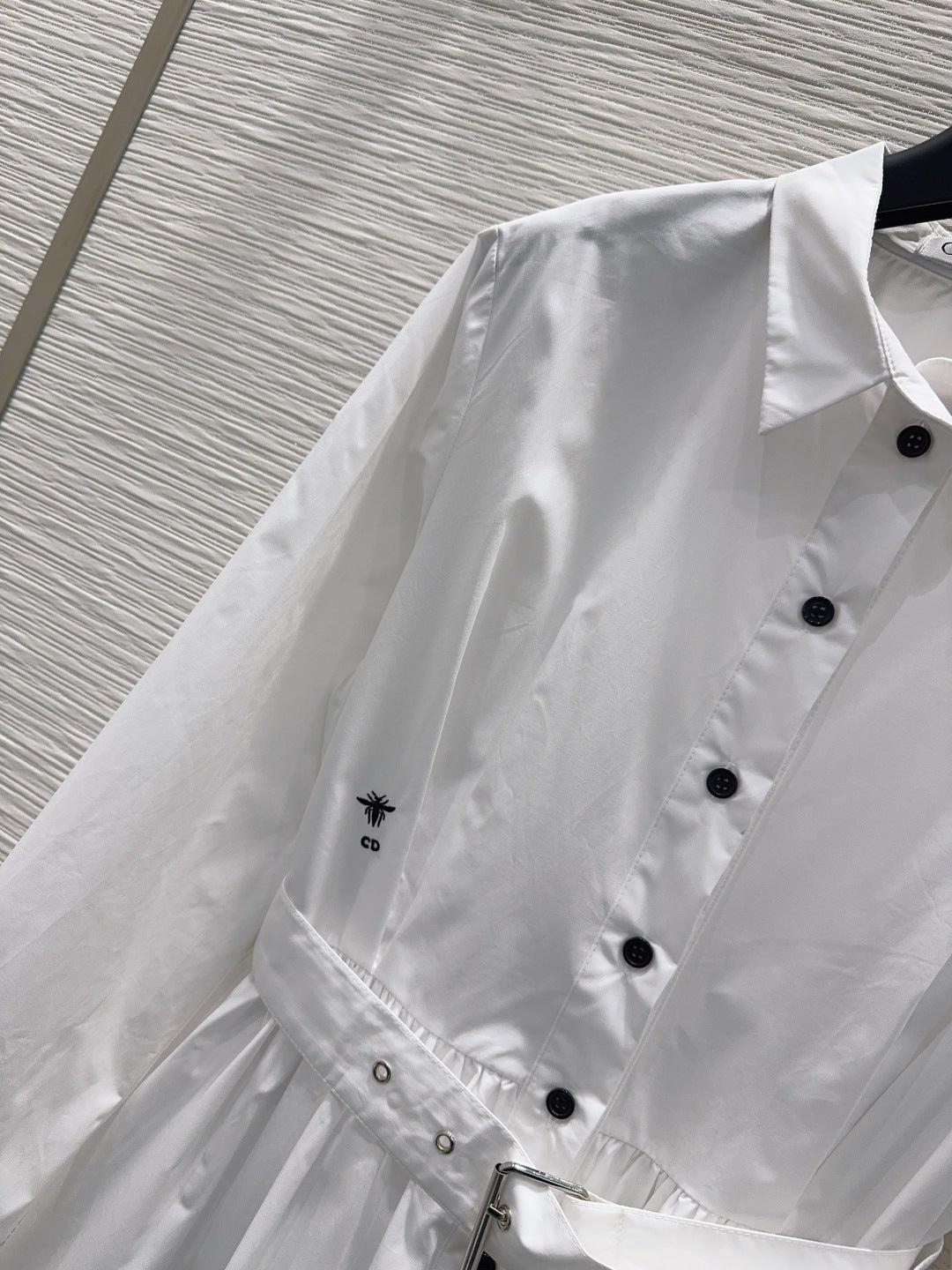 CD Bee-Embroidered Shirt Dress – Optic White Cotton Poplin Midi Dress with Obsidian Buttons