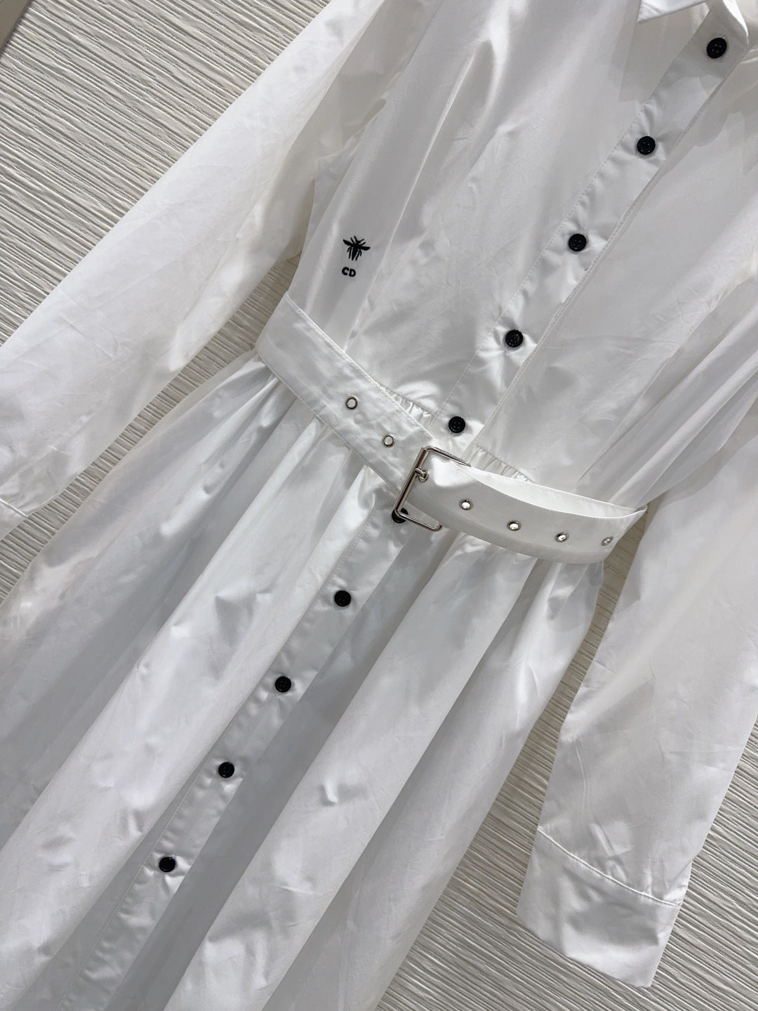 CD Bee-Embroidered Shirt Dress – Optic White Cotton Poplin Midi Dress with Obsidian Buttons