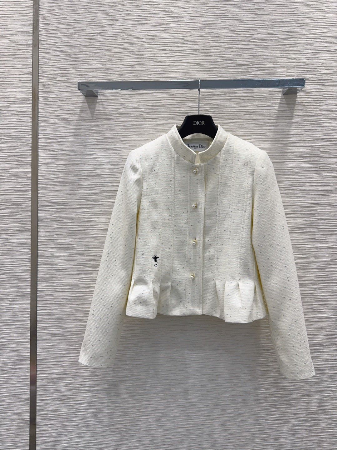 Bee-Embroidered Tweed Jacket – Optic White Peplum Blazer with Pearl Buttons