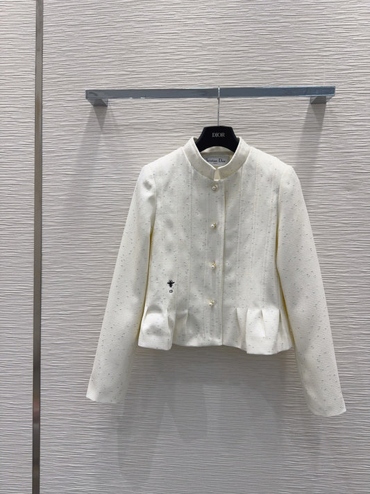 Bee-Embroidered Tweed Jacket – Optic White Peplum Blazer with Pearl Buttons