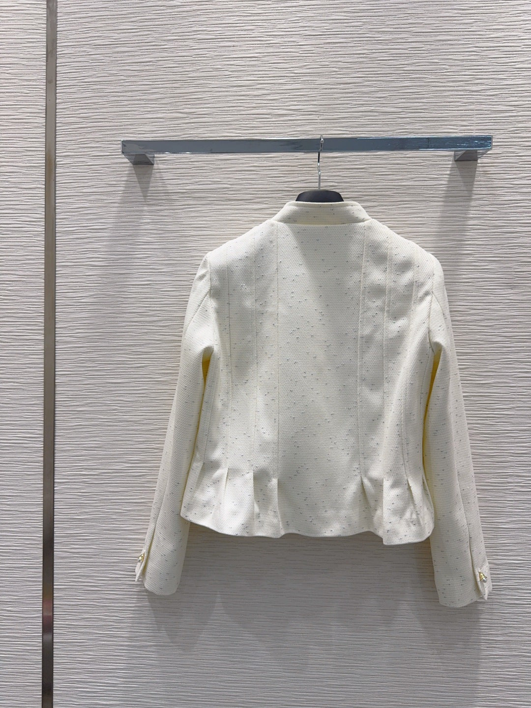 Bee-Embroidered Tweed Jacket – Optic White Peplum Blazer with Pearl Buttons