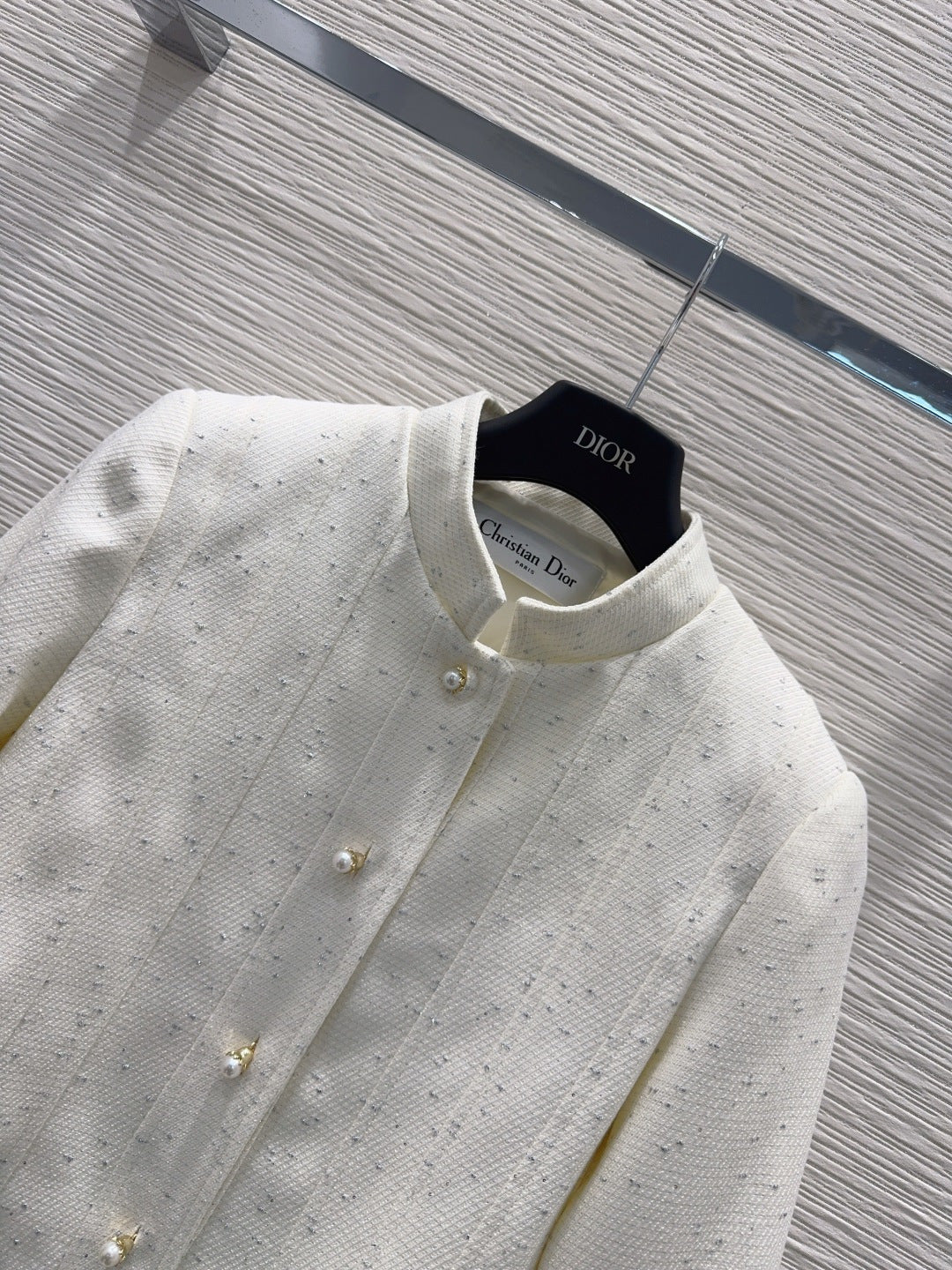 Bee-Embroidered Tweed Jacket – Optic White Peplum Blazer with Pearl Buttons