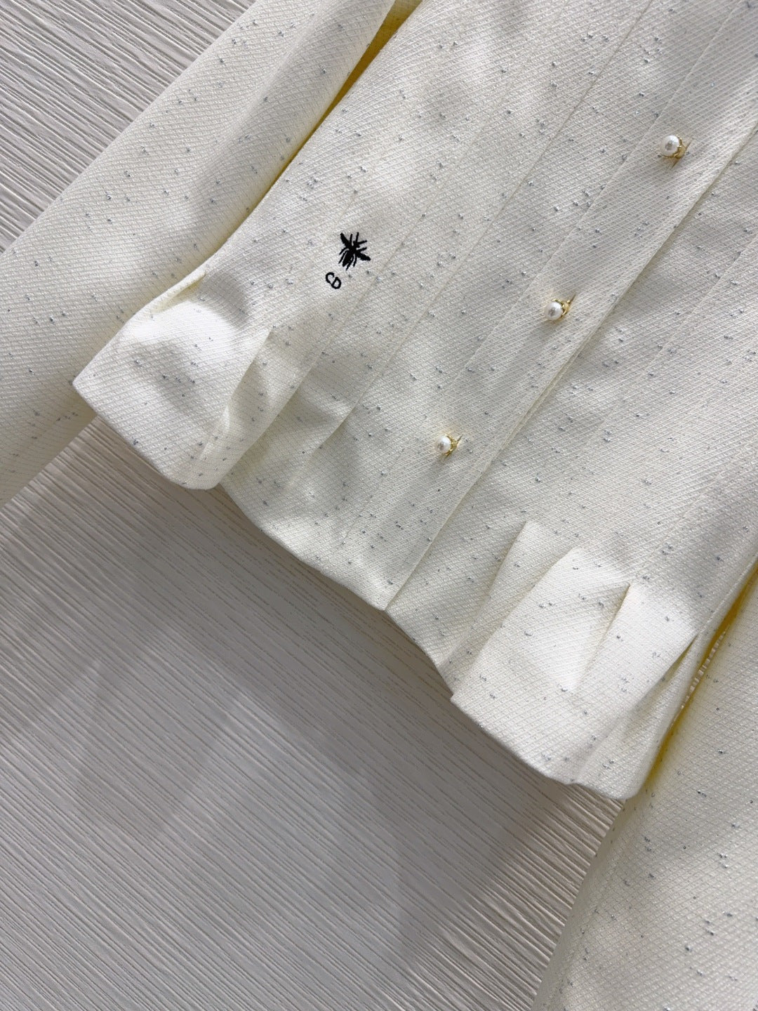 Bee-Embroidered Tweed Jacket – Optic White Peplum Blazer with Pearl Buttons