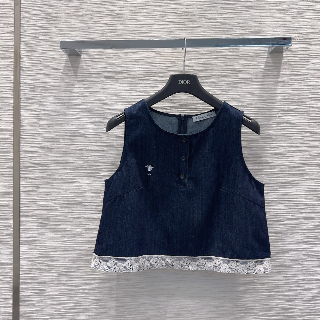CD Denim Co-ord Set – Midnight-Indigo Blue Cotton Denim Sleeveless Crop Top and Lace-Trimmed Pleated A-Line Shorts